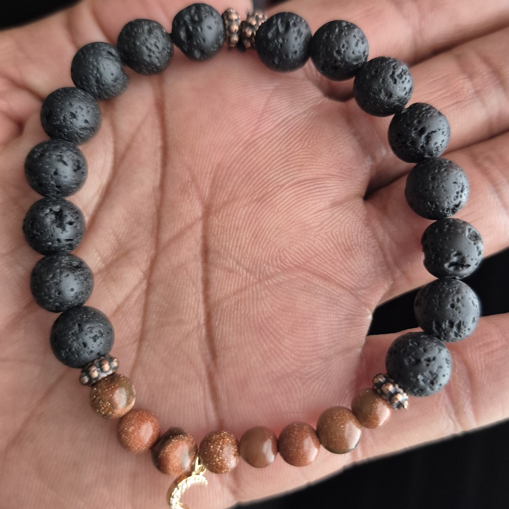 Handmade Goldstone and Black Lava Stone Braclet! - Picture 4 of 9